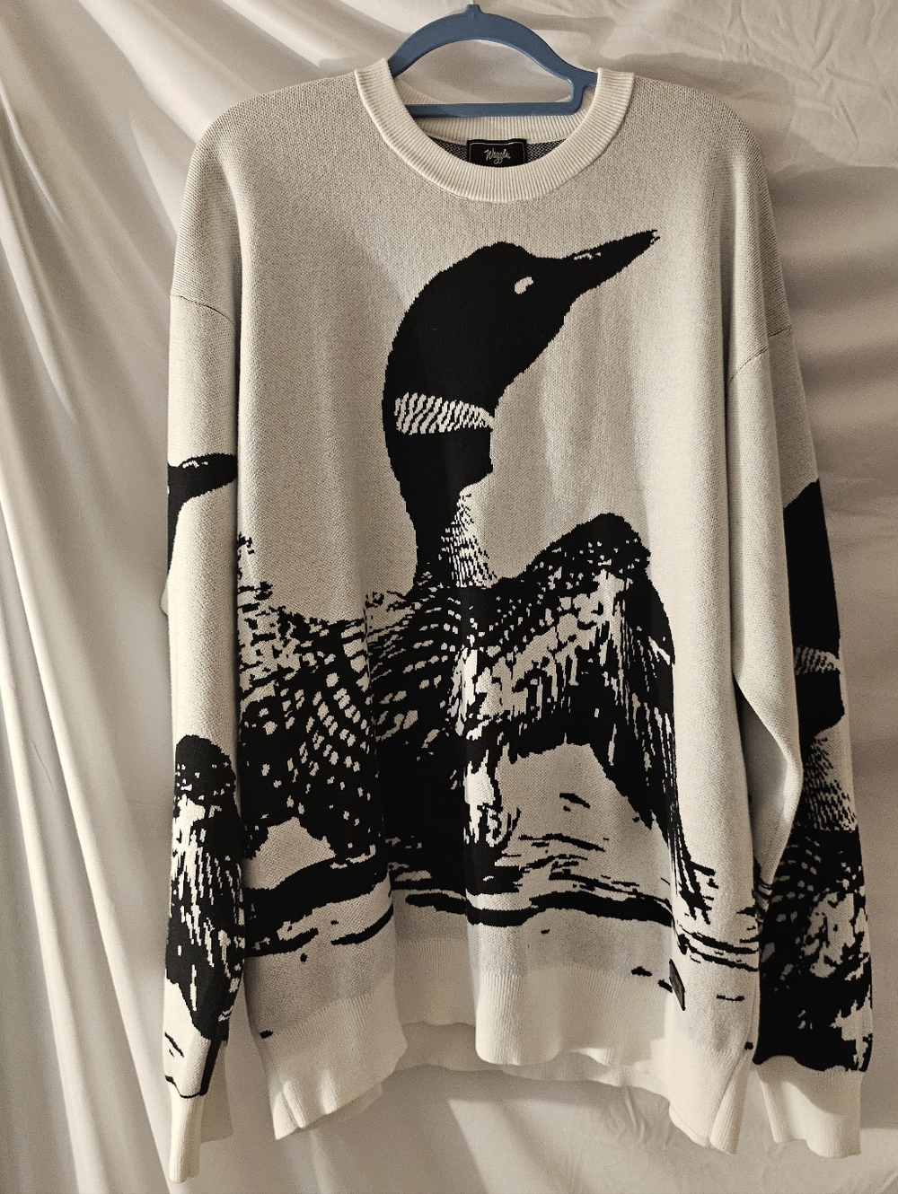 Waggle Loon Call Wildknit Crewneck Sweater Mens XL White Black Graphic Knit NWT